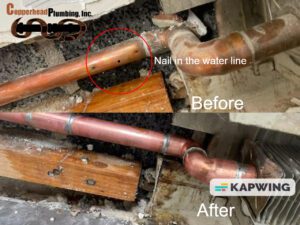 a picture of a water line before and after a plumber