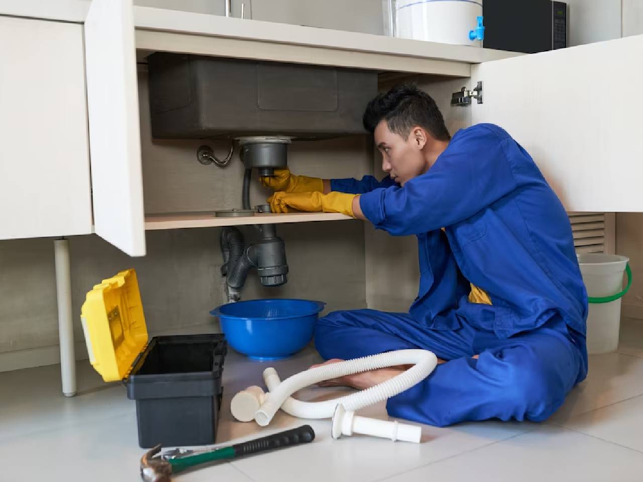 asian plumber in blue overalls clearing blockage in drain