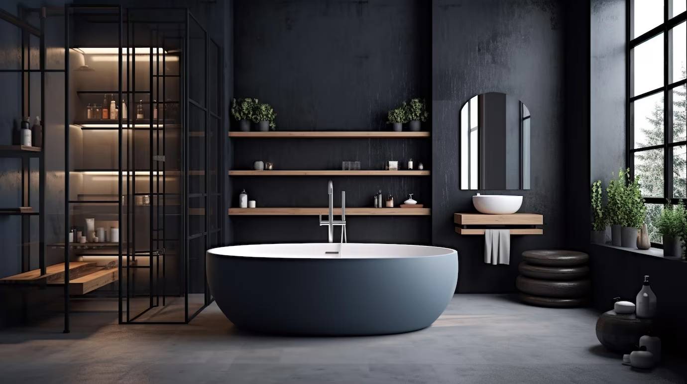 bathroom interior design with matte black bath generative ai